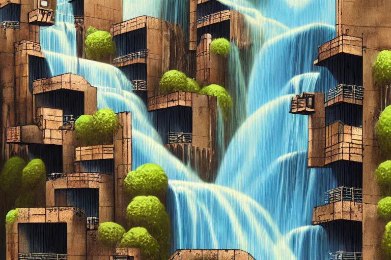 Prompt: brutalist waterfall favela honeybee hive, art nouveau environment, magma, industrial factory, award winning art, epic dreamlike fantasy landscape, ultra realistic,