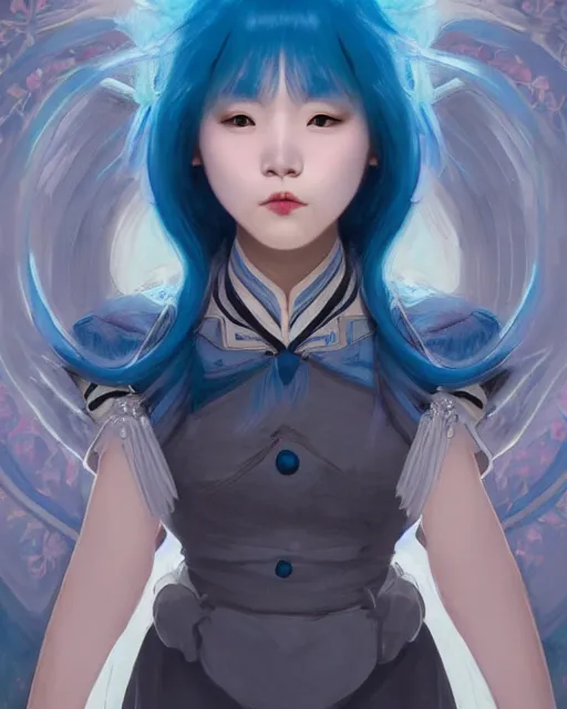 Image similar to symmetrical portrait of a pretty korean girl with blue hair dressed as alice in wonderland, digital painting, 8 k, concept art, art by wlop, artgerm, greg rutkowski and alphonse mucha