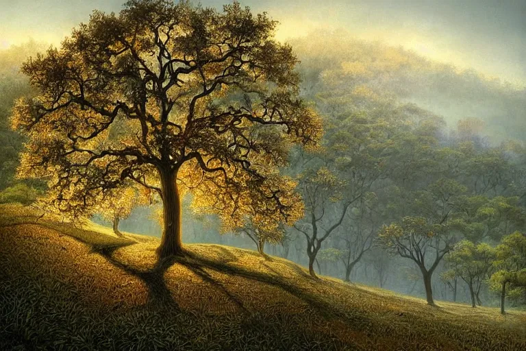 Prompt: masterpiece painting of oak trees on a hillside overlooking a creek, dramatic lighting, by andrew ferez