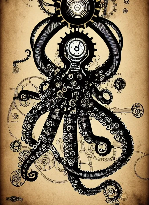 Image similar to steampunk clockwork robotic octopus, hand drawn illustration, old - fashioned poster style, highly detailed vector art