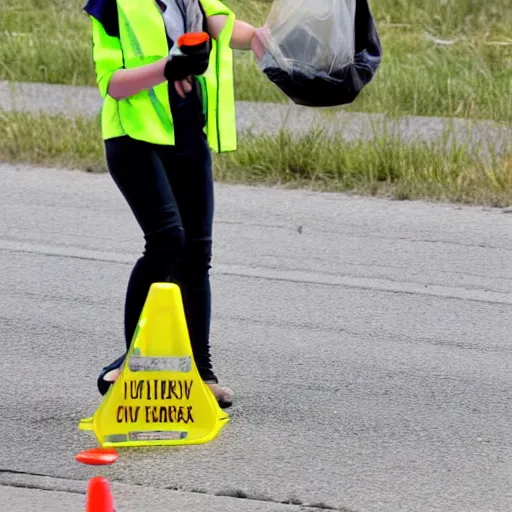 Image similar to emma watson in a hi vis vest picking up trash on the side of the interstate. paparazzi photo,