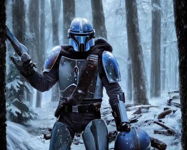 Image similar to in a snowy forest, a mandalorian jango fett, is looking at a huge pile of mandalorian helmets piled up, concept art highly detailed, great cinematic lighting, octane render, 8 k, depth of field, 3 d, art by greg rutkowski, trending on artstation, cinematographic shot