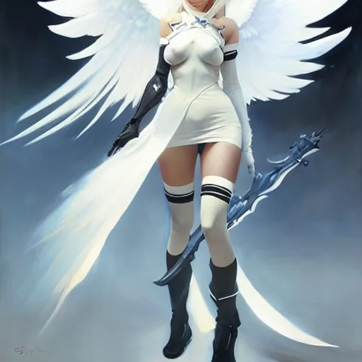 Image similar to greg manchess painting of a 2 yorha type a no. 2 as mercy from overwatch!!, white long hair, large white wings, organic painting, trending on artstation, by huang guangjian and gil elvgren and sachin teng