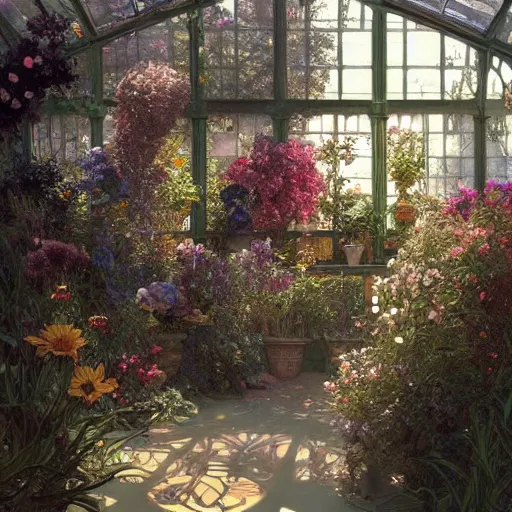 Prompt: a beautifull intricate greenhouse with many flowers, reflexions, high details by william turner art, greg rutkowski and alphonse mucha, trending on artstation, very very detailed, masterpiece,