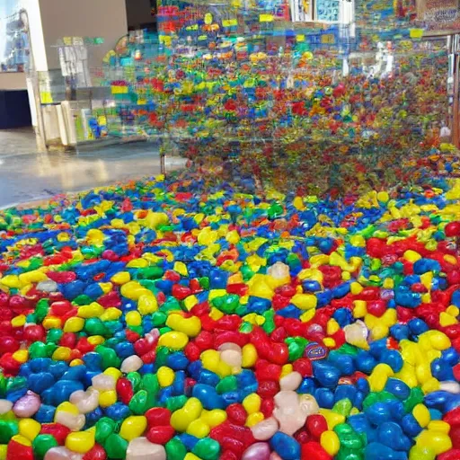 Image similar to Lego City overrun by thousands of jelly beans, old collection, verisimilitudinous