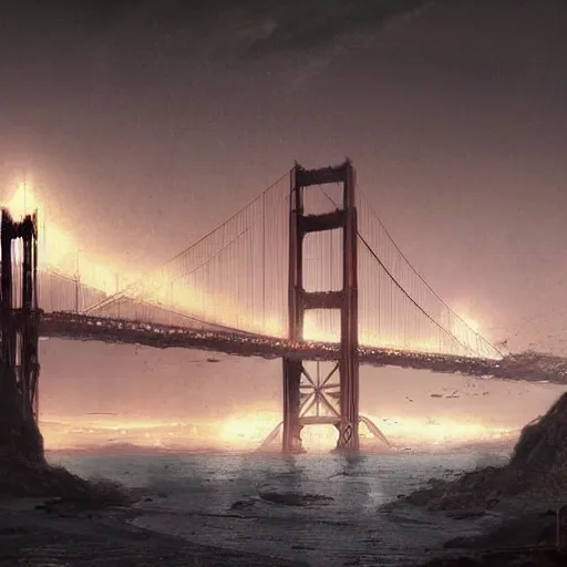 Image similar to post-apocalyptic desert city Los Angeles golden gate bridge, concept art, high fantasy, elegant, art station, pixiv, trending, editor’s pickup, by greg rutkowski, by Gustave Dore