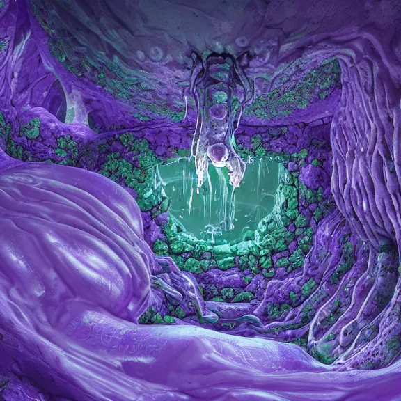 Prompt: detailed shot of inside a cavernous living stomach, the walls purple and pulsing, lots of acid pooling up on the floor, digesting and dissolving a small dragon as it thrashes in acid, food pov, micro pov, vore, digital art, furry art, anthro art, high quality, 8k 3D realistic, macro art, micro art, Furaffinity, Deviantart, Eka's Portal, G6