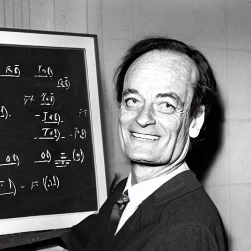 Image similar to richard feynman standing in front of equations on a blackboard, 1960s,