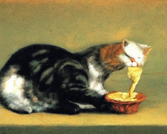 Image similar to cat eating an ice cream, painting by fransisco goya