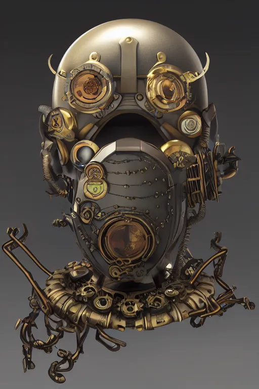 Image similar to steampunk mask minimalist fantasy art robot ninja helmet, global illumination ray tracing hdr fanart arstation by sung choi and eric pfeiffer and gabriel garza and casper konefal radiating a glowing aura