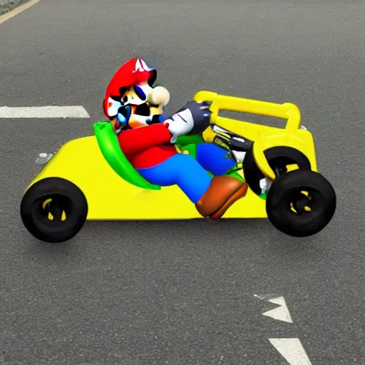 Prompt: super mario riding a gokart with banana peels all over the ground