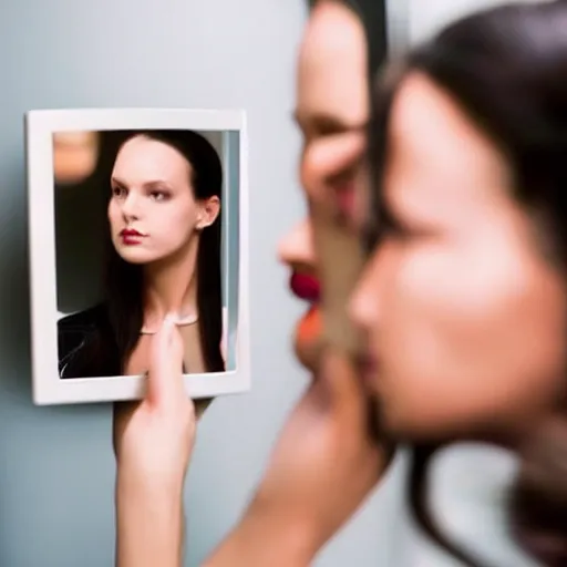 Prompt: a beautiful woman looking in a mirror, but the reflection ist a bearded man