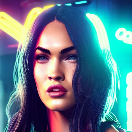 Prompt: Megan Fox portrait, Cyberpunk 2077, ultra photorealistic, cybernetic body parts, neon, octane, bokeh, 8k