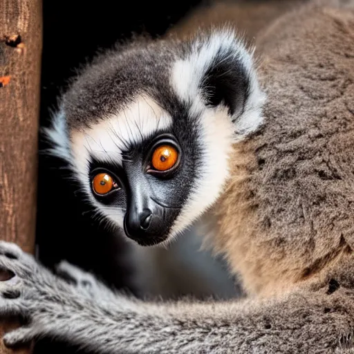 Prompt: a baby lemur clings to the belly of her mother, madagascar, raining, stormy photos in the style of national geographic, photorealistic - h 6 4 0