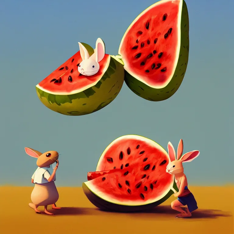 Image similar to Goro Fujita illustrating a rabbit eating a giant watermelon, art by Goro Fujita, sharp focus, highly detailed, ArtStation