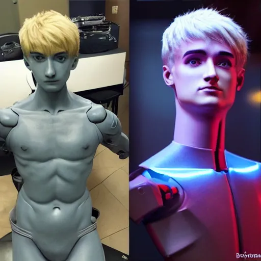 Image similar to “a realistic detailed photo of a guy who is an attractive humanoid who is half robot and half humanoid, who is a male android, twitch streamer Ninja Tyler Blevins, shiny skin, posing like a statue, blank stare”