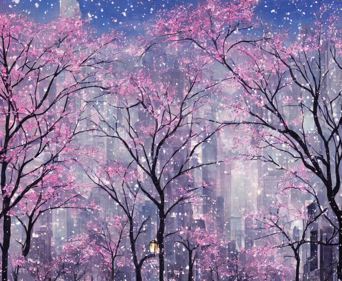 Image similar to anime painting of downtown new york city, sakura trees, cherry blossom petals, light snow