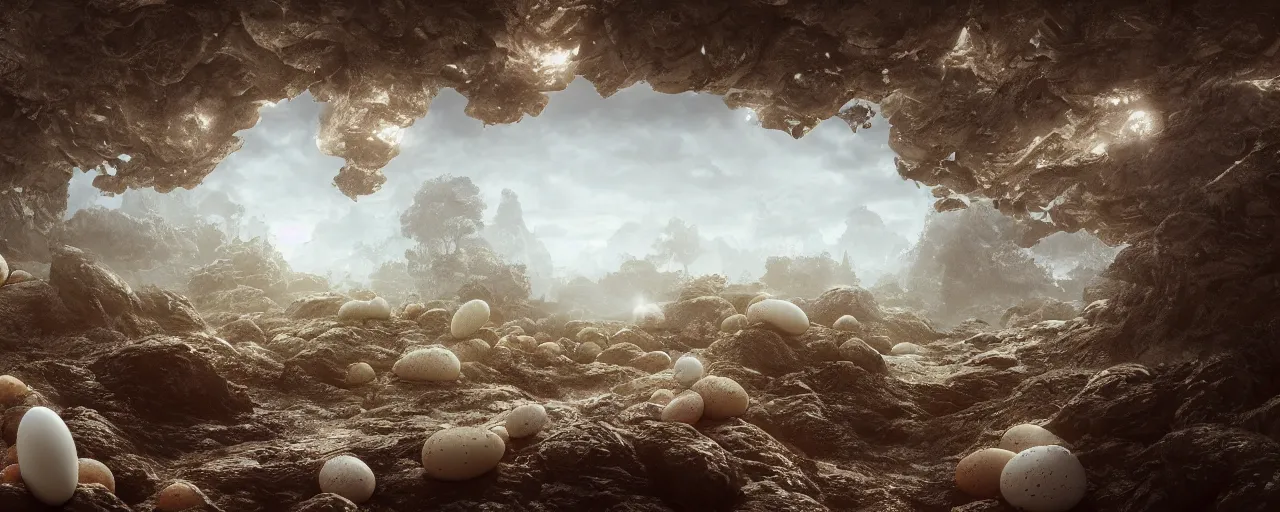 Image similar to ” otherwordly landscape with eggs covered in thick cream, [ by wlop, cinematic, detailed, epic, widescreen, opening, establishing, mattepainting, photorealistic, realistic textures, octane render ] ”