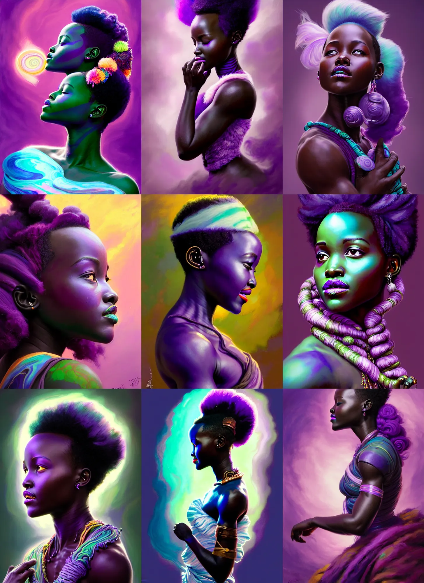 Prompt: side portrait, lupita nyong'o, troll druid shaman, purple skin, gloomhaven, luminescent, colorful swirly magic ripples, pastel colors, by greg manchess, huang guangjian, gil elvgren, sachin teng, greg rutkowski, jesper ejsing, ilya kuvshinov