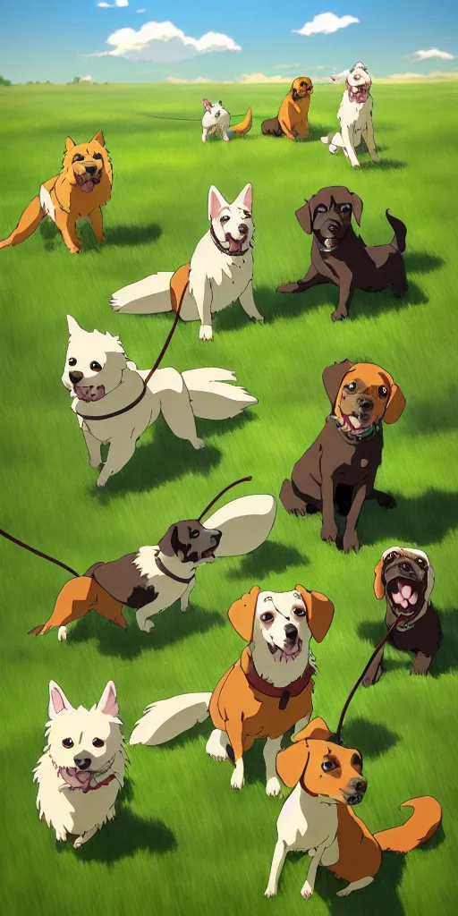 Image similar to a group of dogs playing in a field, studio ghibli style lighting, highly detailed, trending on artstation.