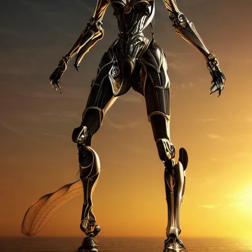 Image similar to looking up at a highly detailed 300 foot tall giant exquisite beautiful female warframe, as an anthropomorphic robot dragon, posing elegantly over your tiny form, detailed legs looming over you, camera on the ground, at the beach on a sunset, sleek streamlined design, streamlined matte black armor, sharp detailed claws, detailed sharp robot dragon feet, worms eye view, giantess shot, upward shot, ground view shot, leg shot, front shot, cinematic shot, high quality warframe fanart, captura, realistic, professional digital art, high end digital art, furry art, giantess art, anthro art, DeviantArt, artstation, Furaffinity, 8k HD render, epic lighting