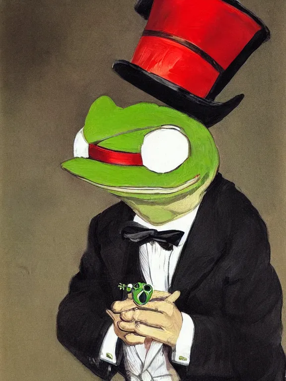 Image similar to pepe the frog at the royal ascot, wearing morning suit and top hat, excited watching the horse races, expressive painting by Joseph Christian Leyendecker