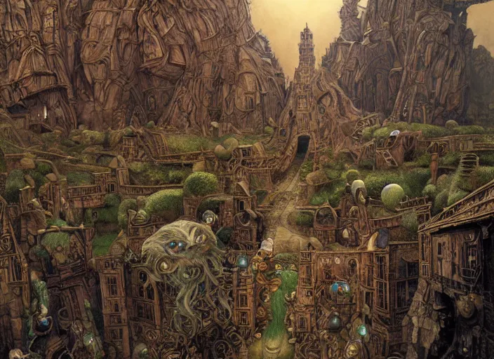 Image similar to jim henson's labyrinth an impossible maze filled with twisted turns a goblin city and a castle looming in the background by edgar maxence and caravaggio and michael whelan and delacroix style, artistic, intricate painting, cinematic lighting, hyper realistic, extremely detailed, vivid colors, establishing shot, dramatic lighting