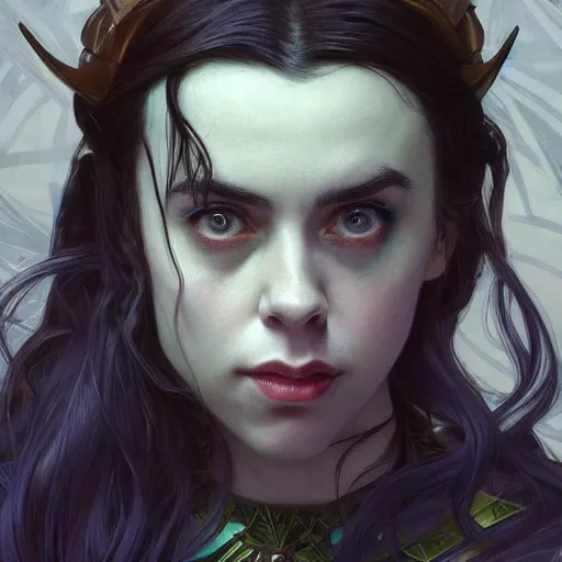 Image similar to Billie Eilish as Female Loki, very detailed, digital art, trending on artstation, concept art, smooth, illustration, art by artgerm and greg rutkowski and alphonse mucha and J. C. Leyendecker and Edmund Blair Leighton and Katsuhiro Otomo and Geof Darrow and Phil hale and Ashley wood and Ilya repin and Charlie Bowater