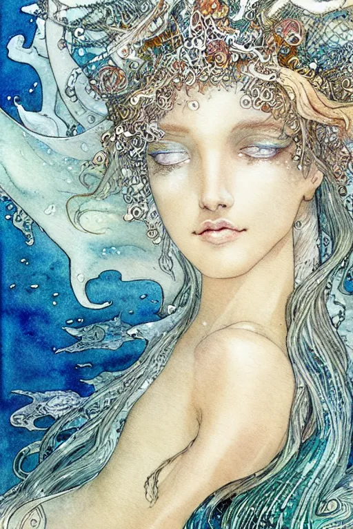 Image similar to mermaid queen closeup face surrounded by swirling water, art by luis royo and walter crane and kay nielsen, watercolor illustration, sharp focus