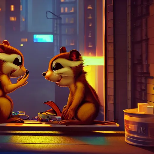 Image similar to Chip and Dale chipmunks in the apartment room in a cyberpunk city, soft god rays from city lights outside the window, unreal engine 5, soft neon atmosphere, photorealistic, soothing colors, somber melancholic matte painting, hyperrealism, hyperrealistic, cinematic masterpiece, cyberpunk style 8k ultrahd octane render