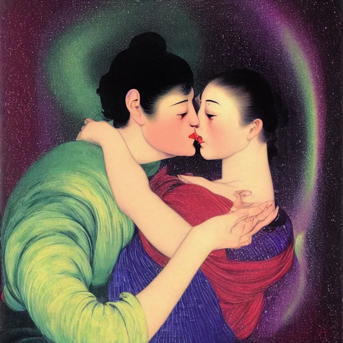 Image similar to close portrait of woman and man kissing. aurora borealis. iridescent, vivid psychedelic colors. painting by caravaggio, agnes pelton, utamaro, monet