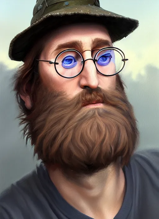 Prompt: a _ fantasy _ style _ portrait _ painting _ of white male with bucket hat and john lennon glasses chubby, rough beard, oil _ painting _ unreal _ 5 _ daz. _ rpg _ portrait _ extremely _ detailed _ artgerm _ greg _ rutkowski _ greg