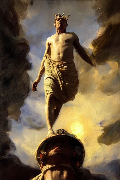 Image similar to beautiful detailed expressive impressionistic oil painting portrait of ancient roman god emperor steve buscemi levitating, ascending into the dark wearing the civic crown, renaissance painting, black background, art by anders zorn, wonderful masterpiece by greg rutkowski, expressive brush strokes, beautiful cinematic light, american romanticism by greg manchess, jessica rossier