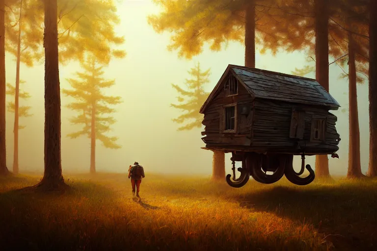 Image similar to a wood house walking with two mechanical legs, rust, hyperrealistic, highly detailed, cinematic, single ray of sun, fog, beautiful, cgssociety, artstation, 8 k, oil painting