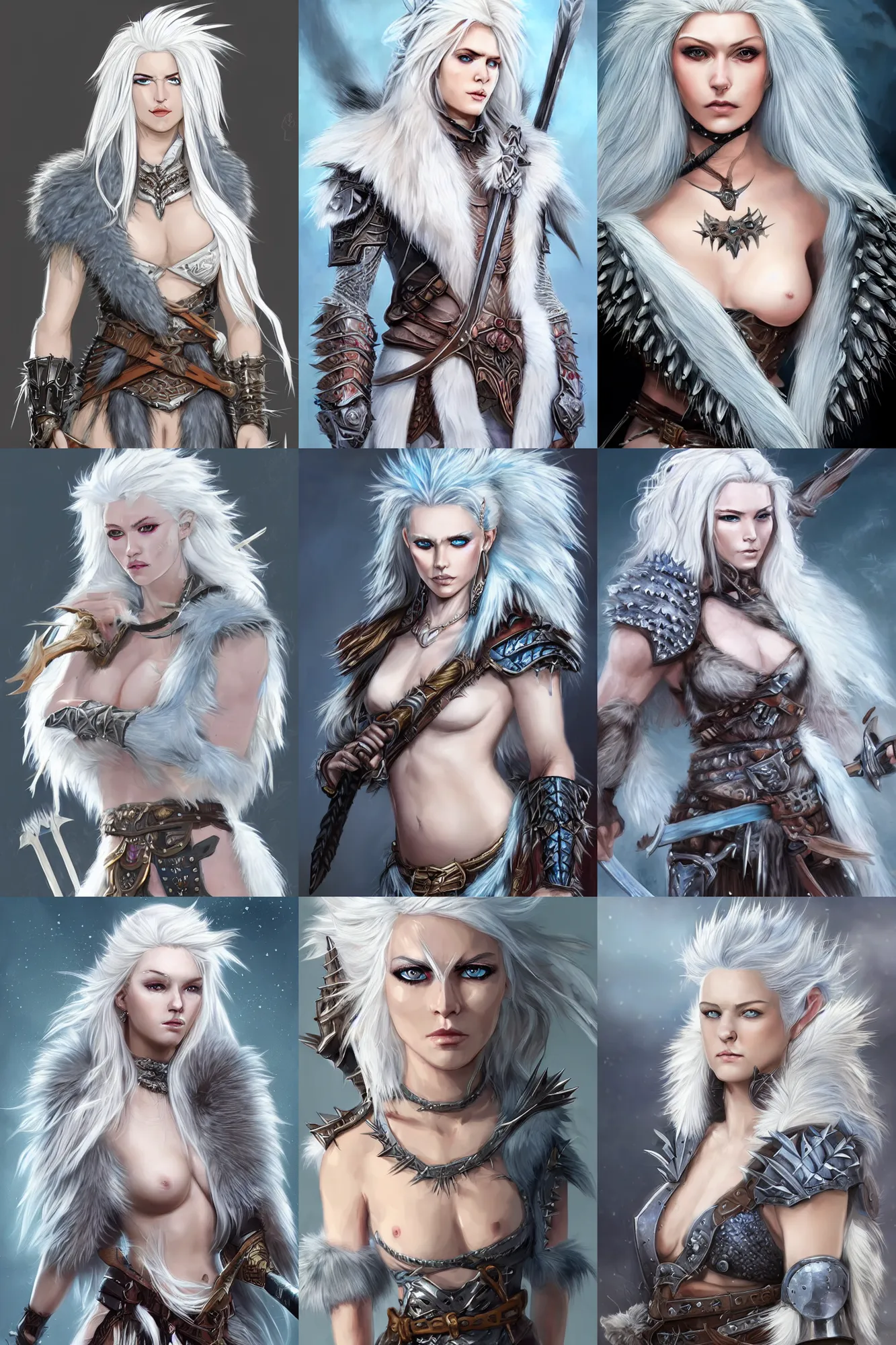 Prompt: portrait of a gorgeous female barbarian with white hair, pale blue eyes, looking at camera, D&D, fur cape, full body plated armor, long wild spiky hair, intricate, elegant, stylish, cocky smirk, fantasy, extremely detailed, digital painting, artstation, concept art, smooth, sharp focus, illustration, stunning lighting, art by artgerm and greg rutkowski and alphonse mucha and simon stalenhag, fully clothed, no nudity