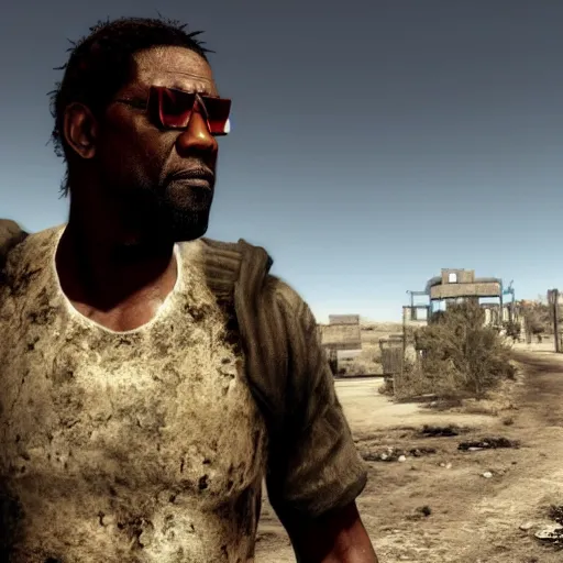 Prompt: Denzel Washington from the movie 'The Book of Eli' in the Fallout New Vegas universe, looks straight with a serious look, glasses, warm atmosphere