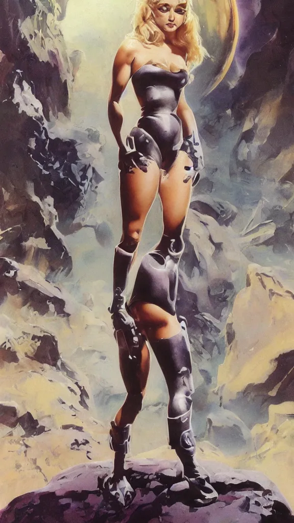 Image similar to A mixed media portrait painting of a beautiful blonde brunette woman exploring an alien planet, very curvy, aesthetic! high-waisted white-bikini-armor and boots, holding raygun, aesthetic symmetrical face and eyes, model, Scandinavian, wet, discarded mechsuit in background, by Frank Frazetta, Boris Vallejo, Beeple, Greg Rutkowski, Christian MacNevin, eighties-pinup style, epic fantasy character art, high fantasy, CGsociety, exquisite detail, post-processing, masterpiece, cinematic