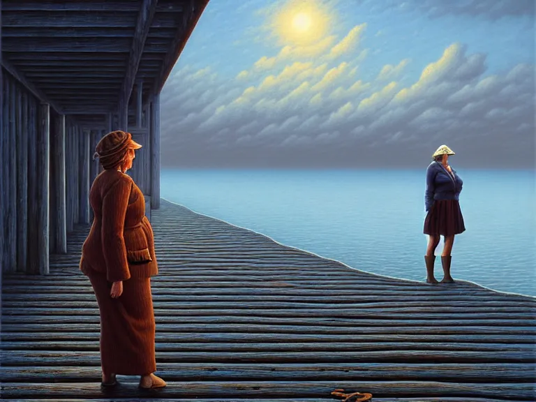 Prompt: a woman standing on a forgotten wharf on a cold sea by rob gonsalves and vladimir kush and ruth deckard and gil elvgren and harry ekman and george petty, crisp details, hyperrealism, high detail, high contrast, low light, grey mist, cobblestones, dim lantern