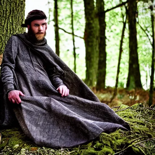 Prompt: lizard human nomad resting against a tree wearing a medieval cloak, photograph captured in the woods