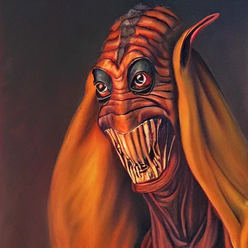 Image similar to ultra realistic portrait painting of jar jar binks as a sith lord, art by frank frazetta, 4 k, ultra realistic, highly detailed, epic lighting