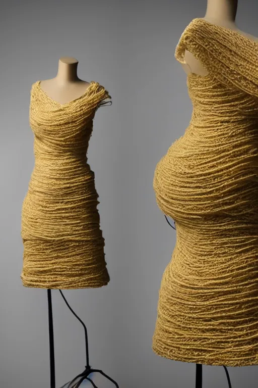 Image similar to A beautiful dress made out of a noodles, on a mannequin. High quality, high resolution, studio lighting