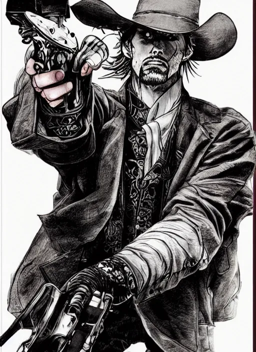 Image similar to a gunslinger twirling revolvers on his fingers, by takehiko inoue and kim jung gi and hiroya oku, masterpiece ink illustration