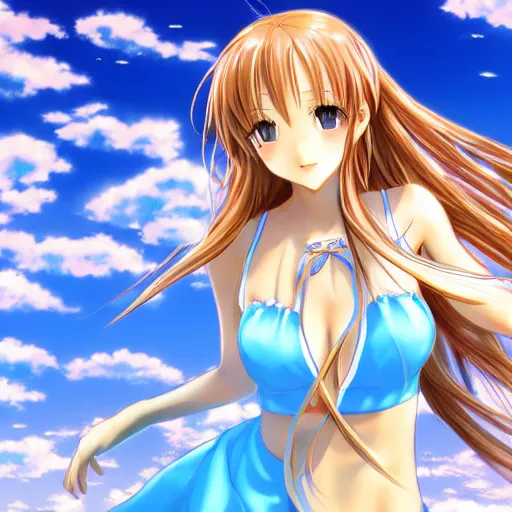 Image similar to a very beautiful young yuuki asuna,, full body, long wavy hair, sky blue eyes, full round face, bikini, miniskirt,, cinematic wallpaper by yusuke murata