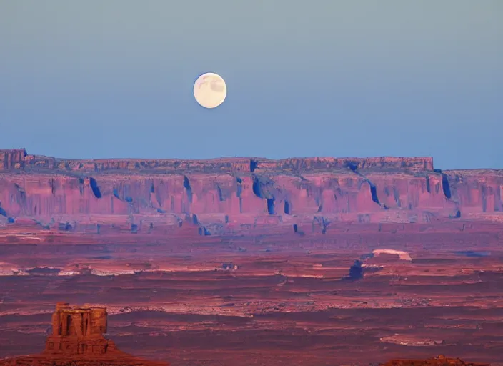 Prompt: a huge full moon rising over the horizon of canyonlands. the moon fills half the picture. telephoto