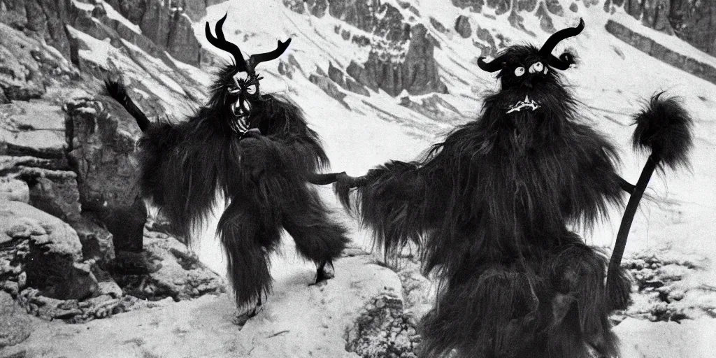 Image similar to krampus with big beak dancing in dolomites, hay fur, austrian folklore, 1920s photography, grainy, eerie, dark