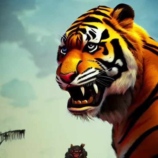 Prompt: portrait of an antropomorphic bengal tiger berserker, wild look, mattepainting concept blizzard pixar maya engine on stylized background splash comics global illumination lighting artstation, sharp focus, norman rockwell