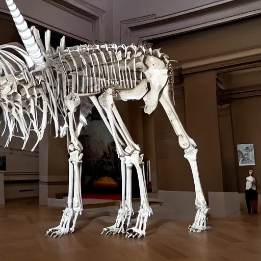 Image similar to complete unicorn skeleton in a museum, detailed photograph