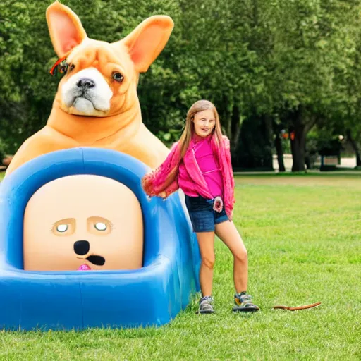 Image similar to girl riding a giant schanuzer dog at the park