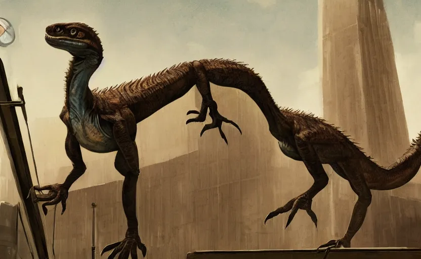 Prompt: An artwork of a velociraptor in a dystopian city, paleo art, brutalism, lamp post