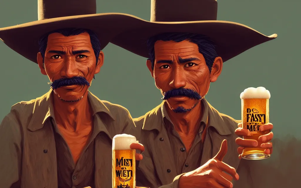 Prompt: photo of juan caloto beer illustration of a mexican man,, with one small, dirt, wild west, with hat, drinking a beer at train station, fantasy, intricate, elegant, highly detailed, digital painting, artstation, concept art by makoto shinkai, ilya kuvshinov, lois van baarle, rossdraws, basquiat,